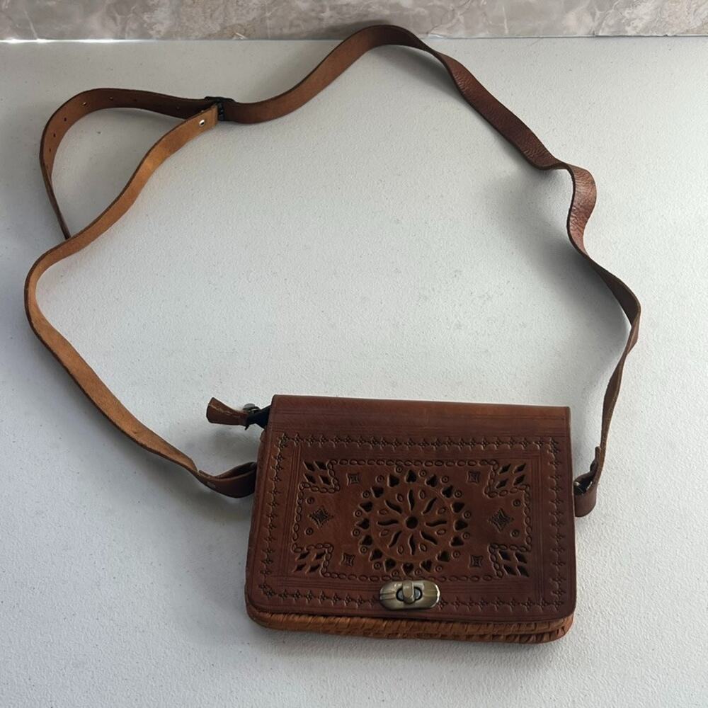Handcrafted Leather Adjustable Shoulder Bag Tooled Floral Patterns